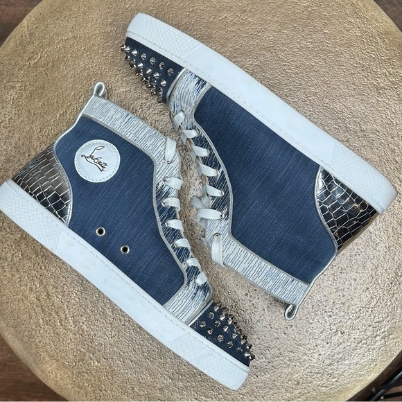 Christian Louboutin Denim and Silver Studded Sneakers - Picture 6 of 8